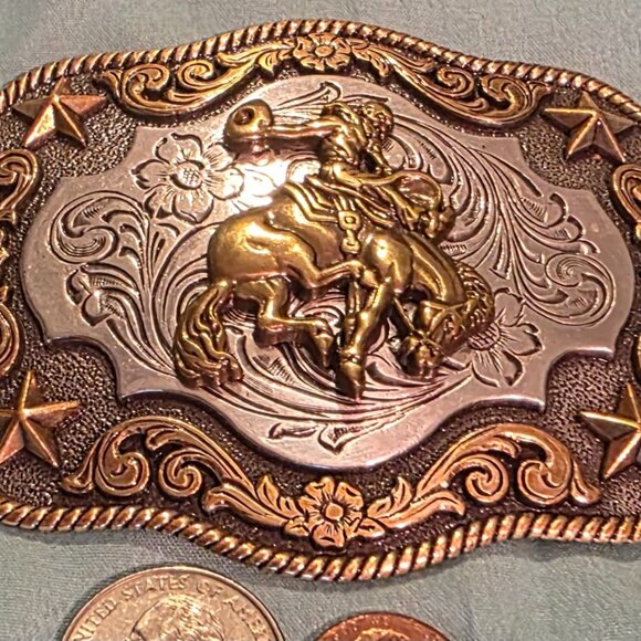 Vintage Metal Belt Buckle, Nice Nocona Brass and Silver Bronco Busting, Nice - Picture 1 of 5